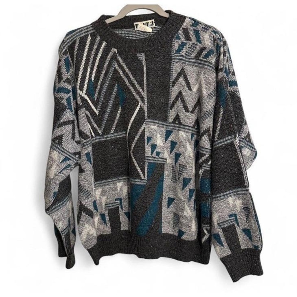 Vintage Geometric Print Sweater Men's Made in Italy Wool Blend Medium